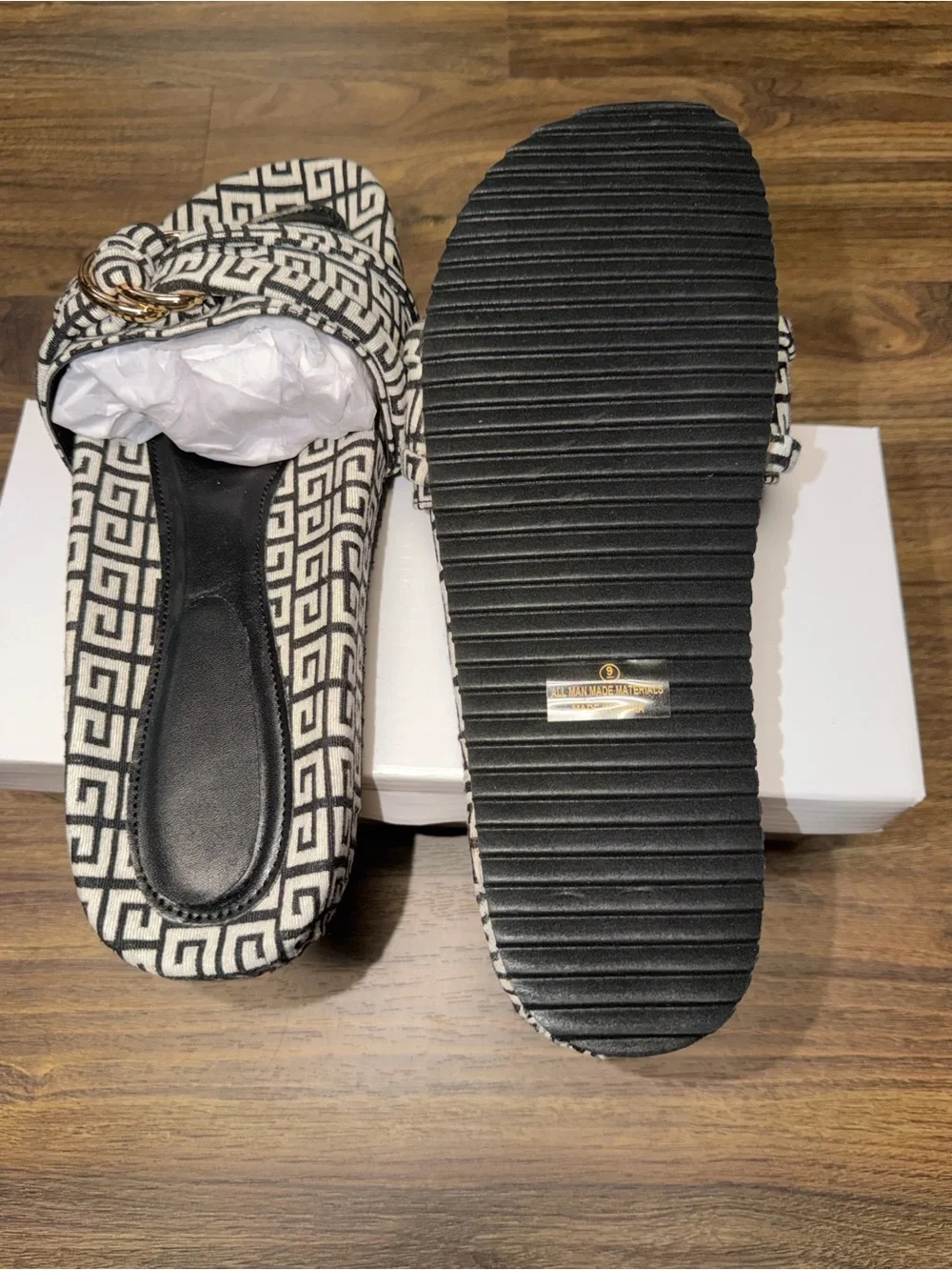 Black & White Geometric Slide Sandals with Gold Buckle